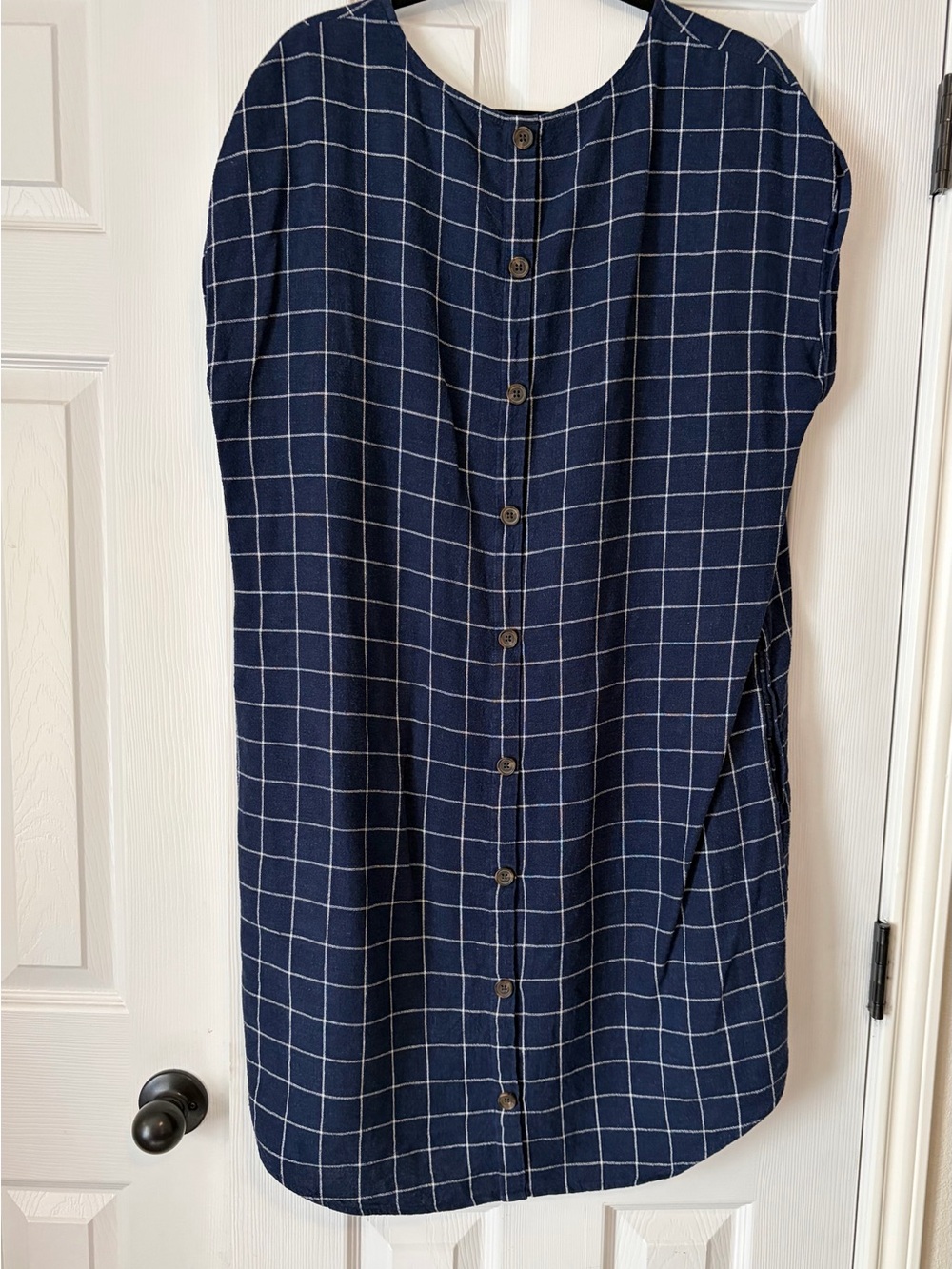 EUC Old Navy Navy Blue linen Grid-Print Shift Dress Sz large - Picture 3 of 5
